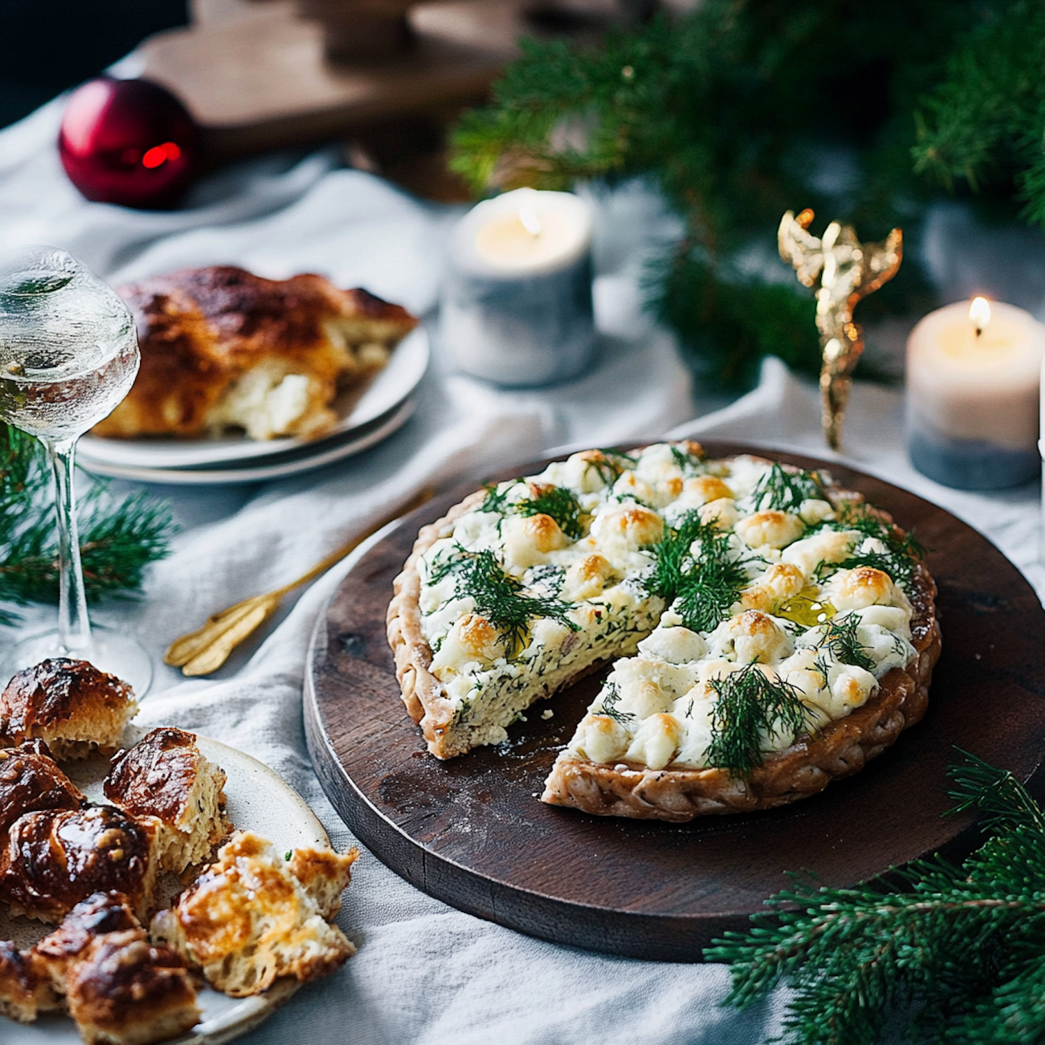 Holiday-Themed Table Setting with Savory Pie