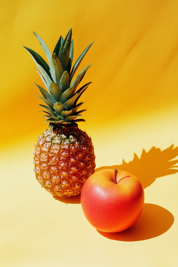 Pineapple and Apple on Yellow Background