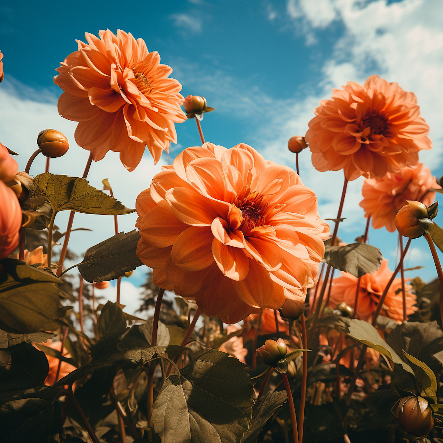 Sunlit Orange Dahlias Against Azure Sky