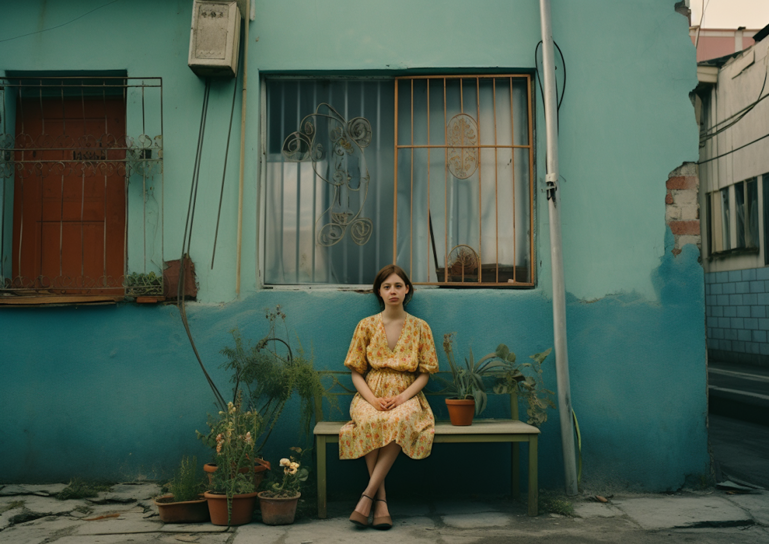 Contemplative Solitude on a Turquoise Bench