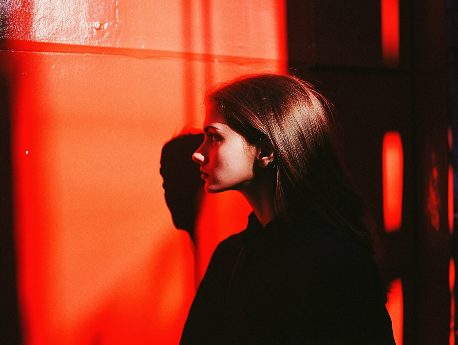 Profile of Woman Against Red Background