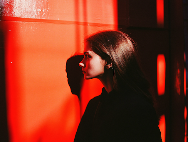 Profile of Woman Against Red Background