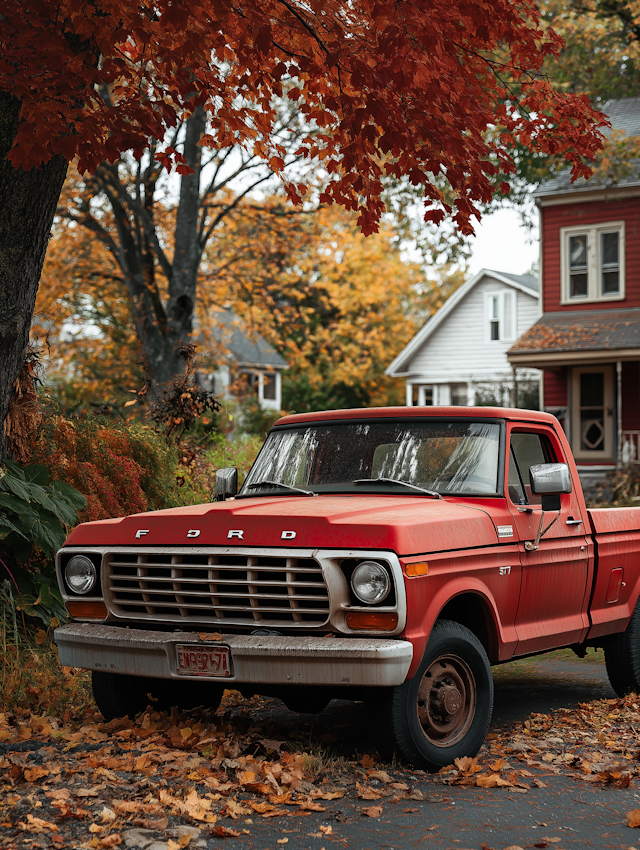 Vintage Red Ford Pickup in Autumn