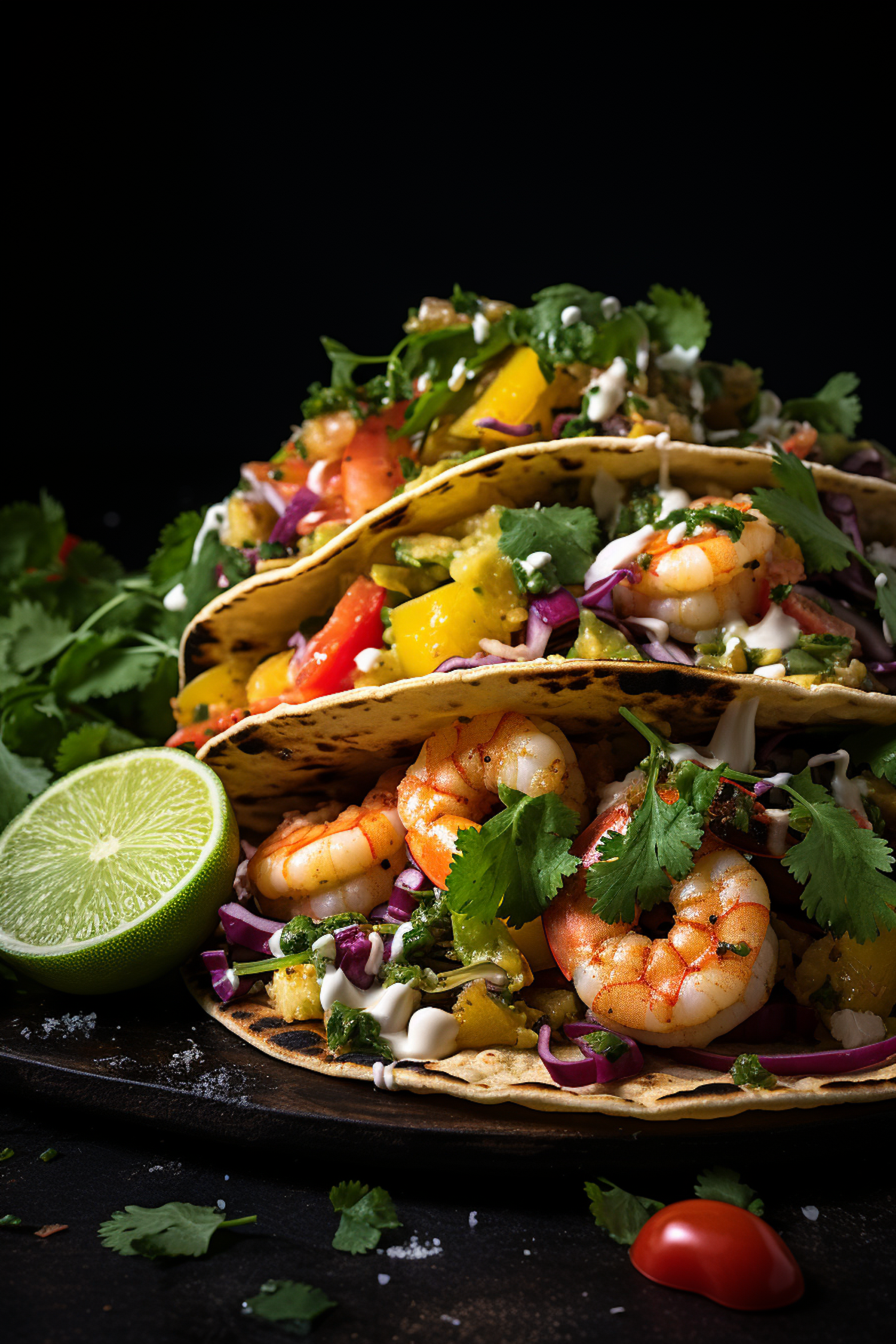 Vibrant Shrimp Taco Trio with Colorful Vegetables and Creamy Sauce