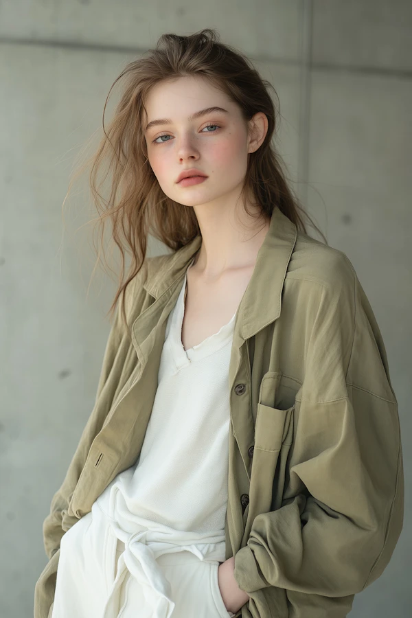 Serene Woman in Olive Jacket
