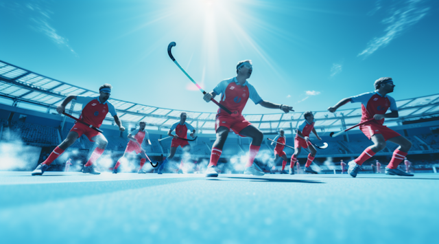 Dynamic Field Hockey Motion Sequence on Sunny Blue Pitch