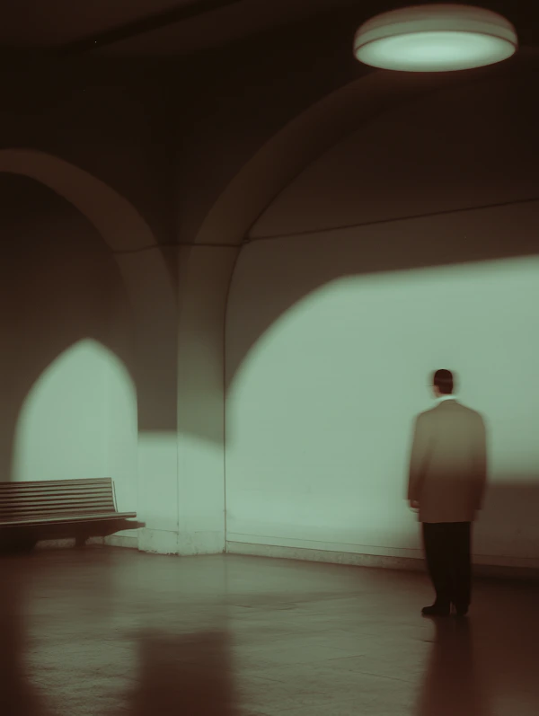 Solitary Figure in Dimly Lit Room