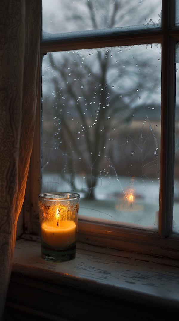 Cozy Indoor Scene with Candle and Rainy Window