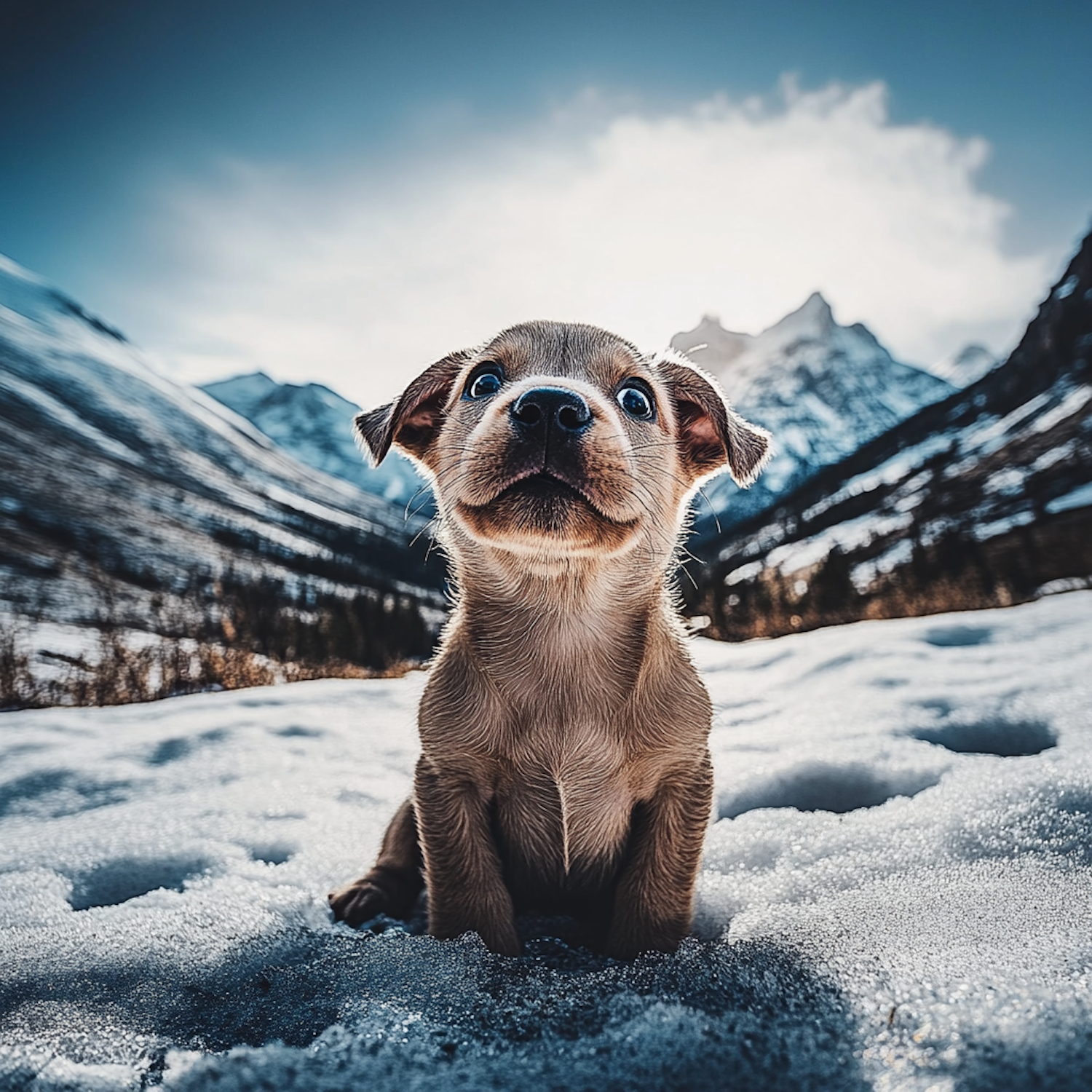 Puppy in Snowy Mountains