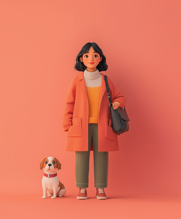 Stylized Female Character with Bulldog