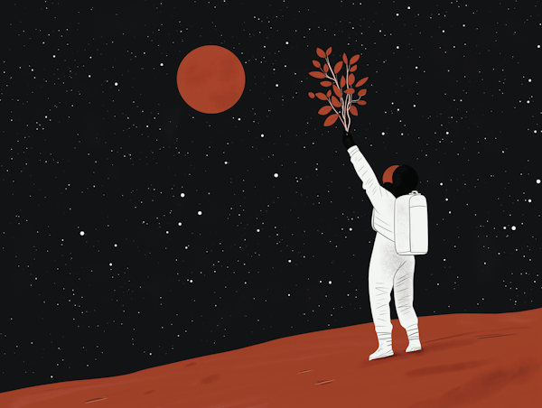 Astronaut on Mars with Red Leaves