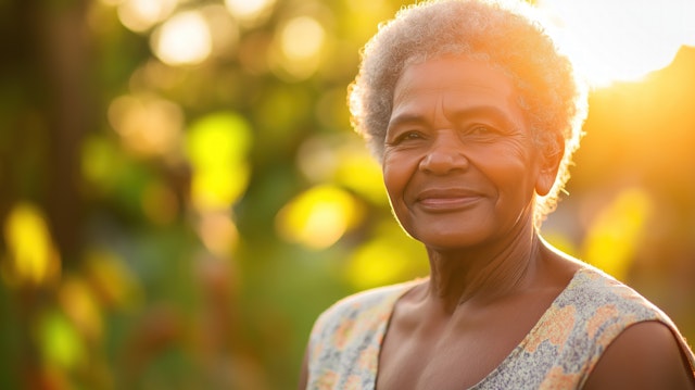 Elderly Woman in Sunlit Garden