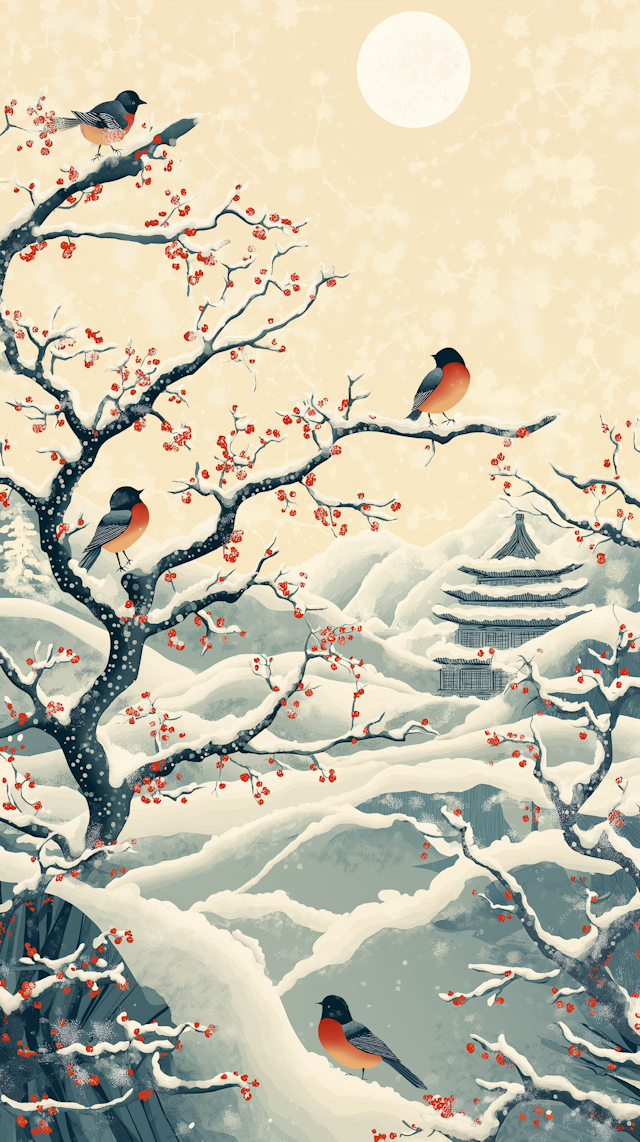 Serene Winter Scene with Birds and Pagoda