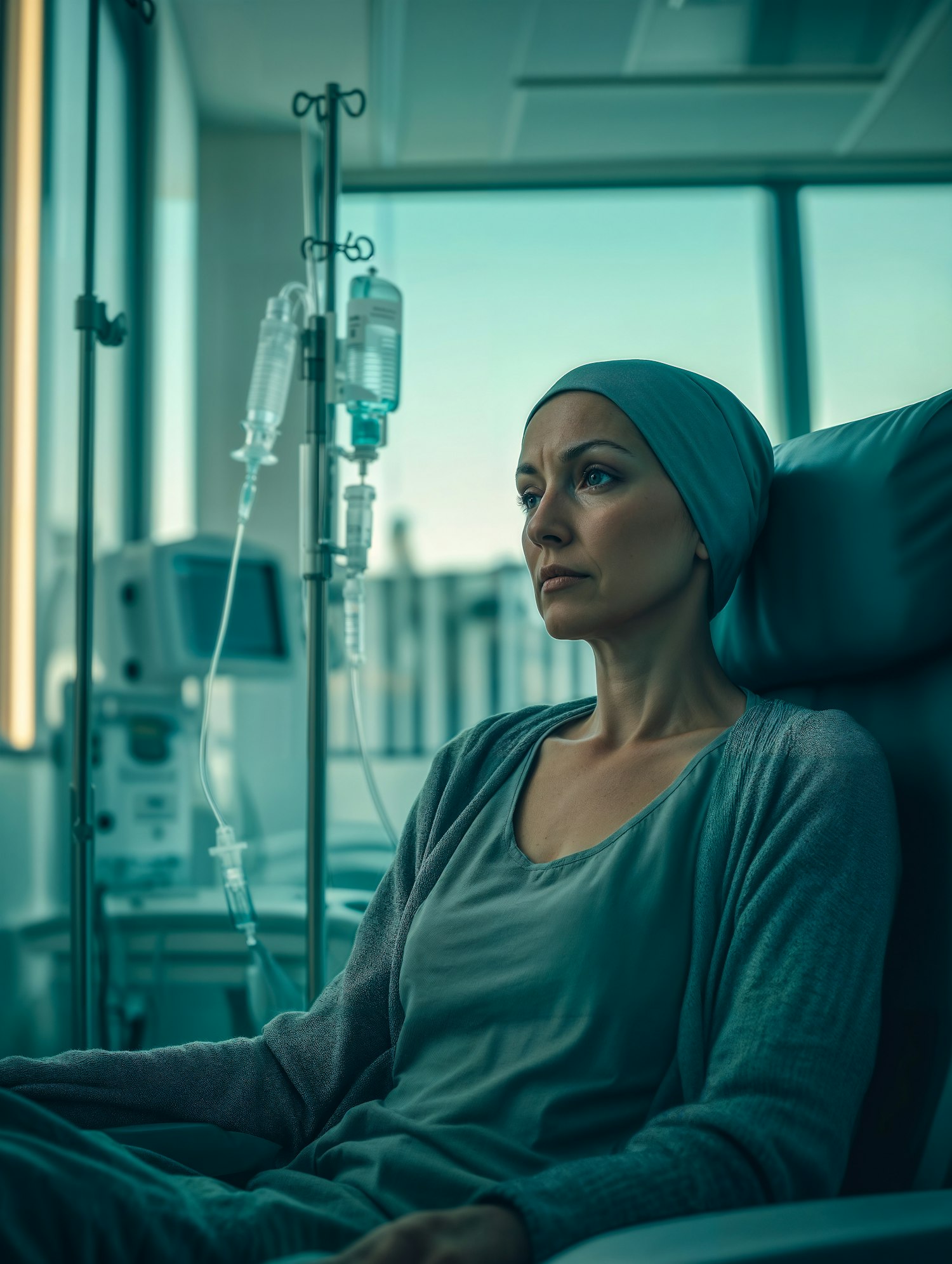 Woman with cancer receiving chemotherapy