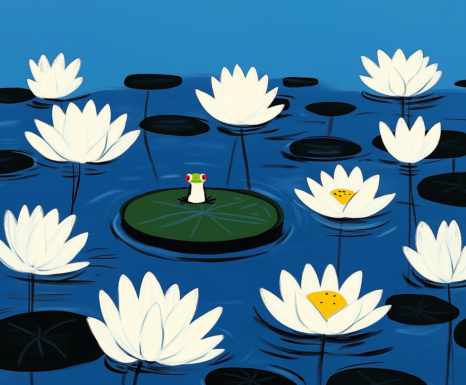 Whimsical Pond with Lotus Flowers and Surprised Frog