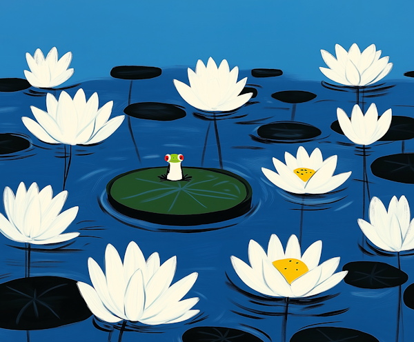 Whimsical Pond with Lotus Flowers and Surprised Frog