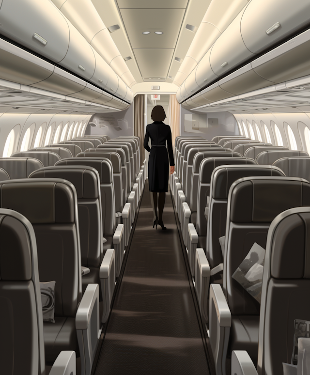 Serene Aisle of the Unoccupied Airplane Cabin with Silhouetted Flight Attendant