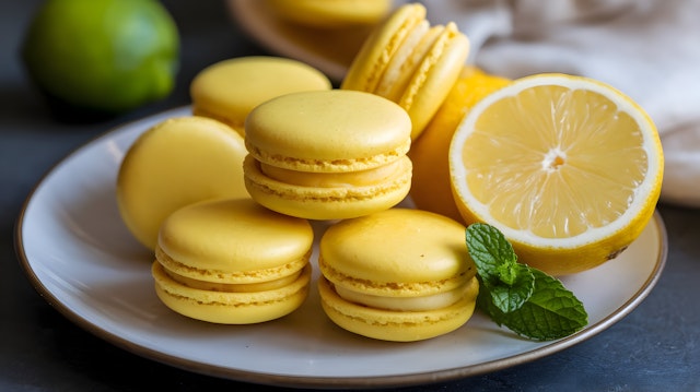 Vibrant Yellow Macarons with Lemon and Mint