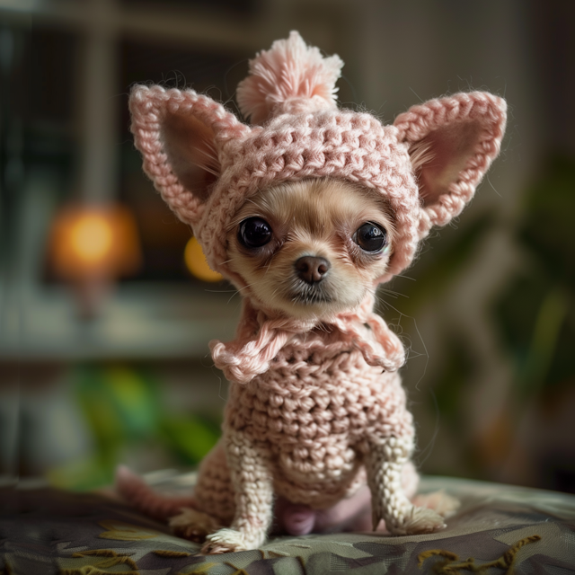 Chihuahua in Pink Knitted Outfit