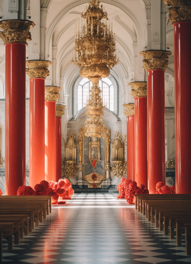 Serene Grandeur: The Red and Gold Cathedral Interior