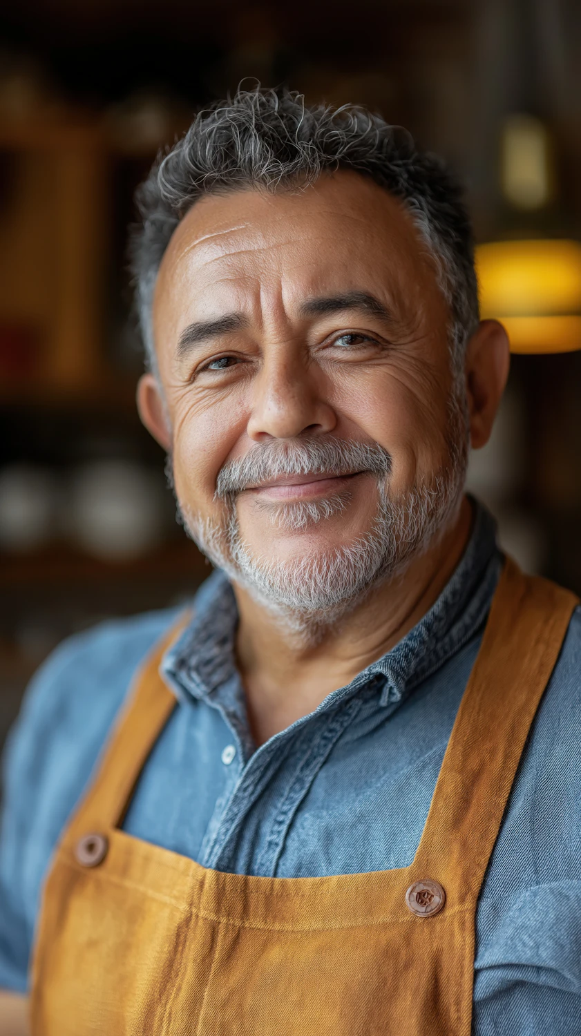 Sam Hollis, the shop owner, a grey-bearded barber in a denim shirt and mustard apron smiling warmly
