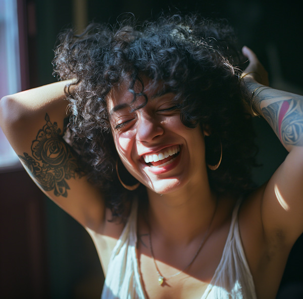 Sunlit Joy of the Tattooed Curly-Haired Woman