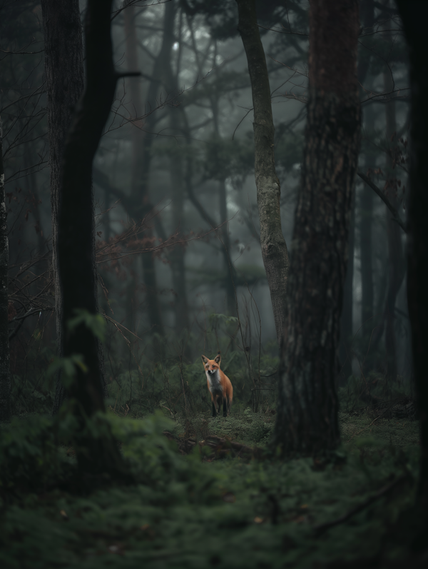 Solitary Fox in Misty Forest