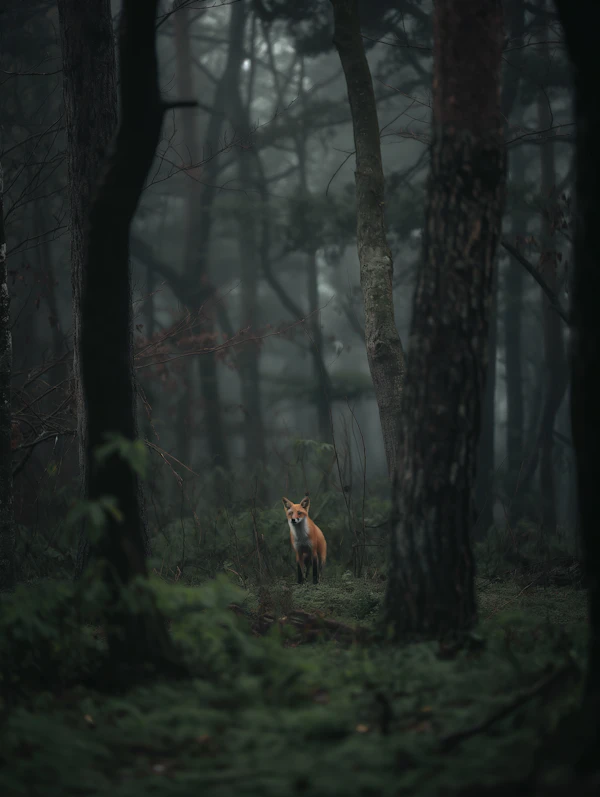Solitary Fox in Misty Forest