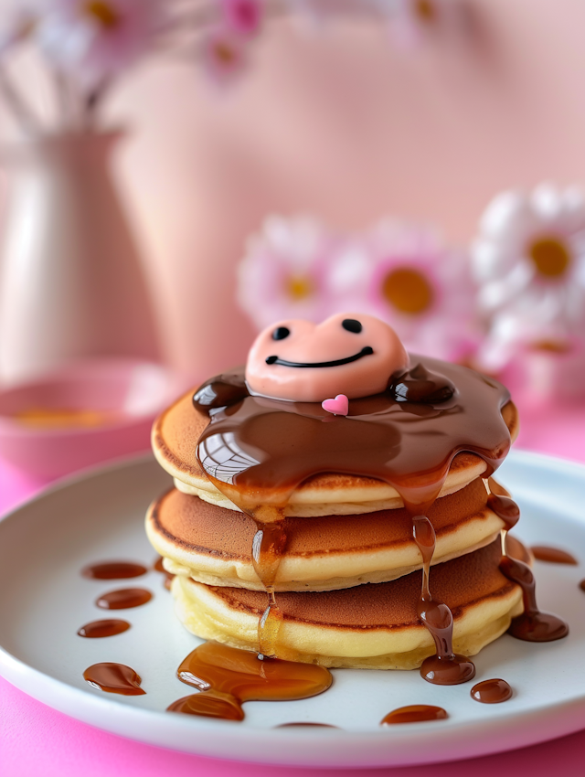 Cheerful Pancake Stack with Chocolate Syrup