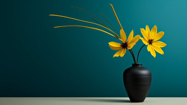Elegance in Contrast: Minimalist Black Vase with Yellow Daisies