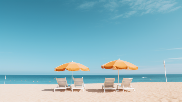 Tranquil Beachfront with White Loungers and Orange Umbrellas