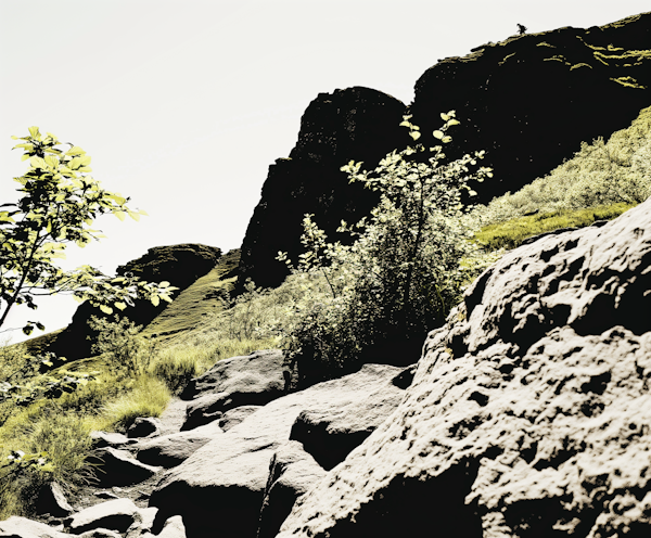 Rugged Terrain and Lush Foliage with Lone Figure