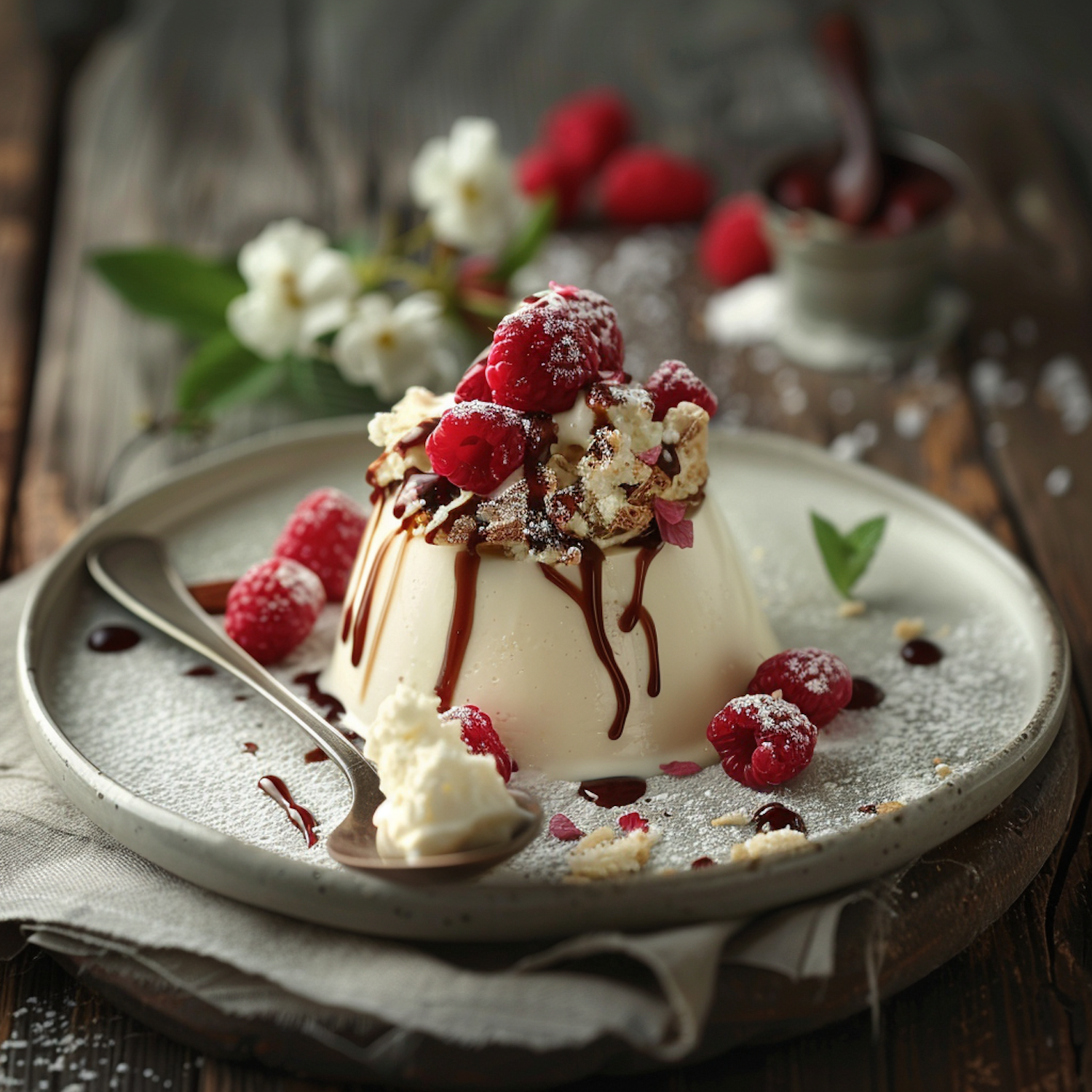 Rustic Panna Cotta with Raspberries and Chocolate Sauce