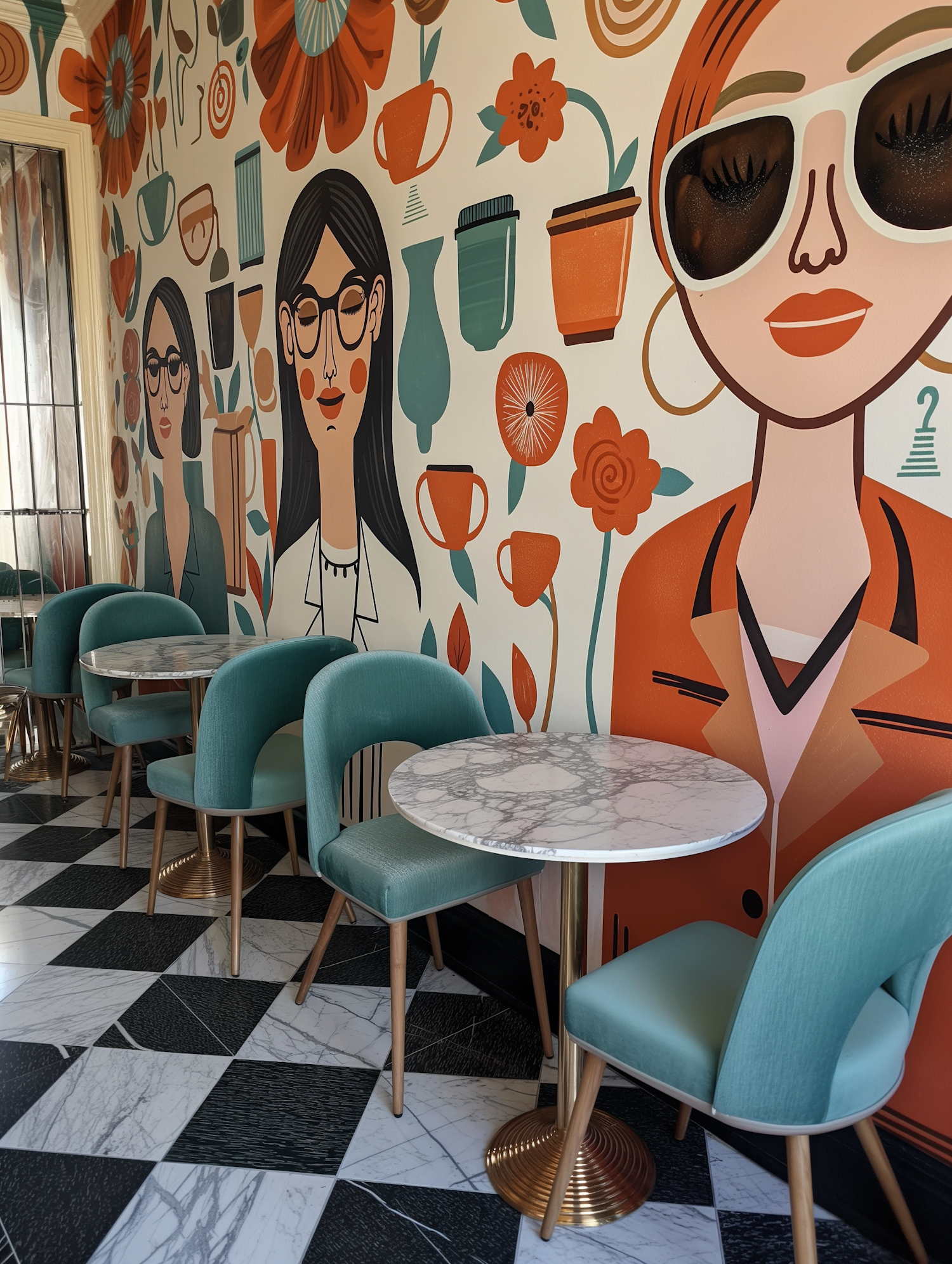 Stylish Cafe Interior with Illustrated Mural