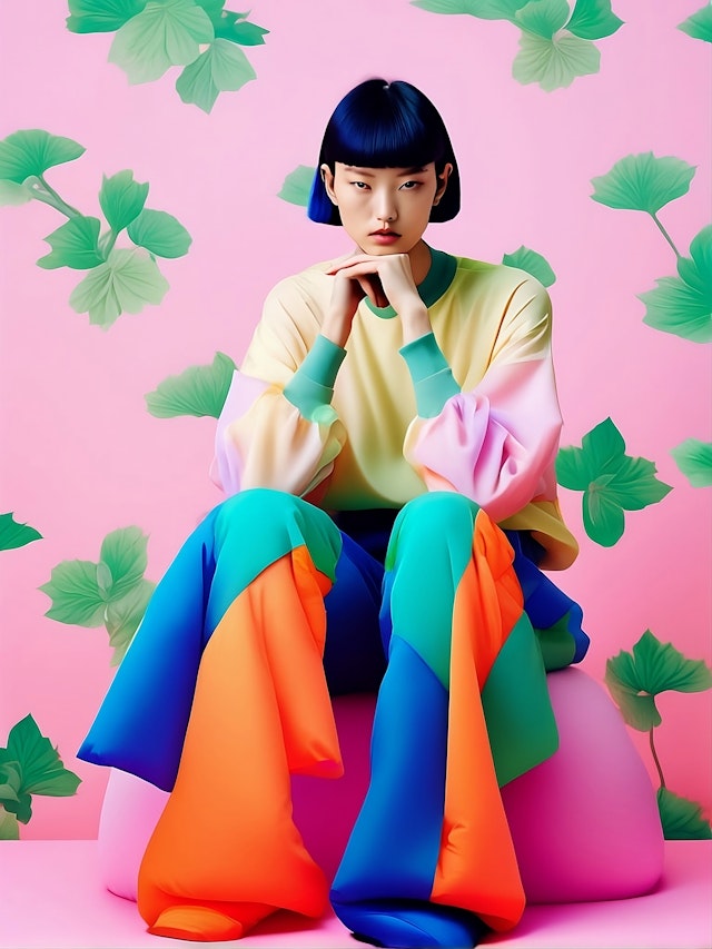 Contemplative Woman with Blue Hair and Colorful Outfit