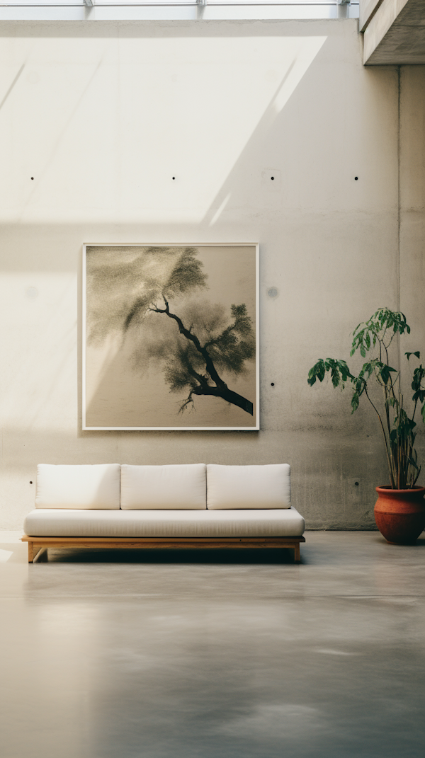 Serene Minimalist Interior with Asian-Inspired Art