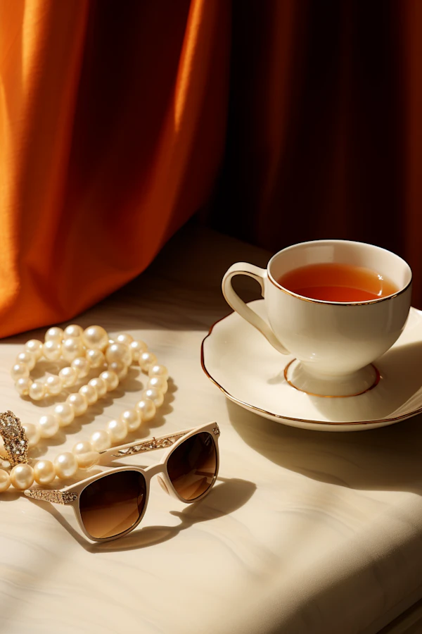 Elegance in Repose: Pearls, Tea, and Sunglasses Still Life