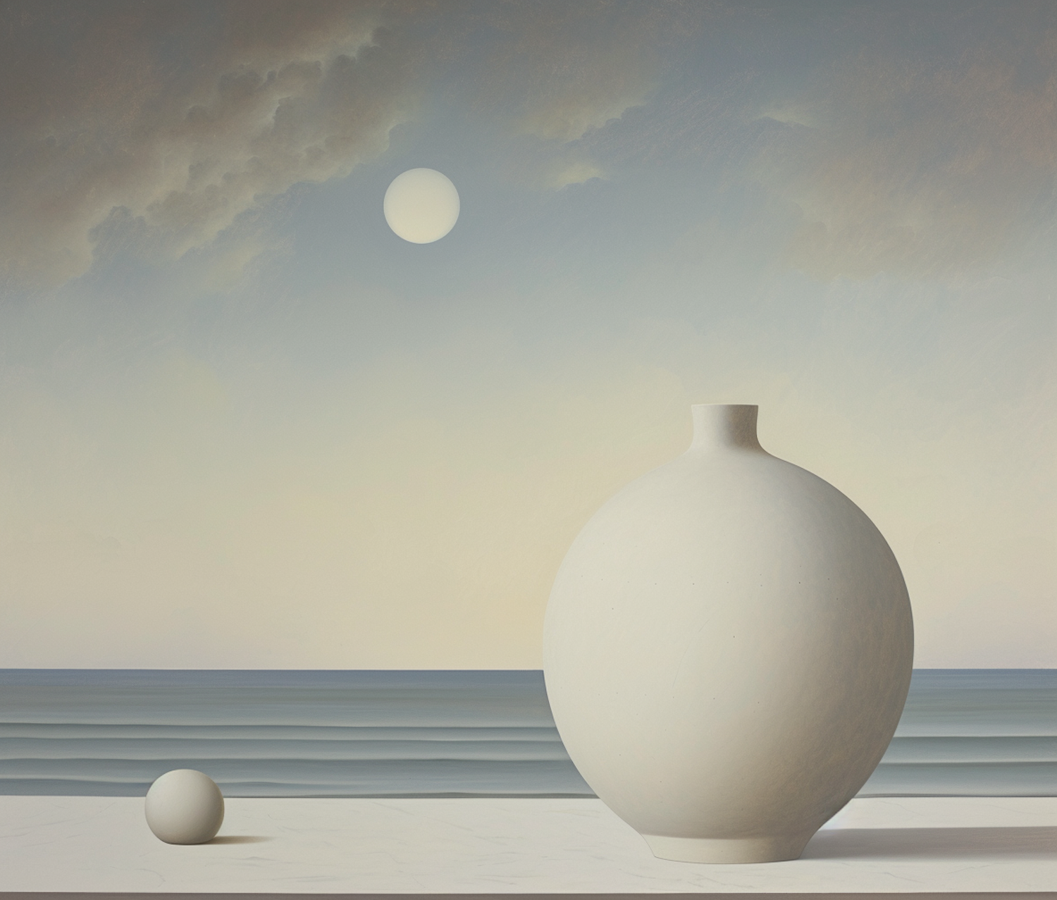 Serenity in Balance: The Still Vase and Sphere by the Tranquil Sea