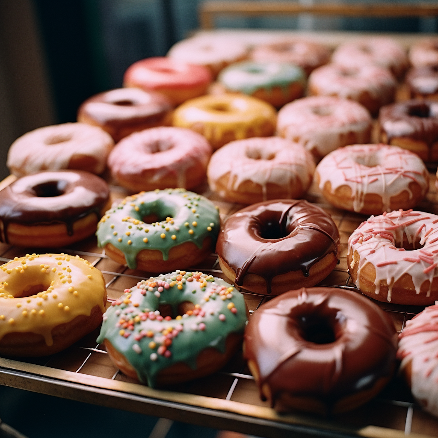 Glistening Array of Freshly Iced Doughnuts