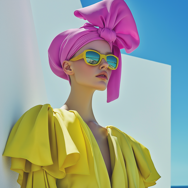 Woman in Yellow Dress with Pink Headscarf and Sunglasses, Against a Bright Minimalist Background