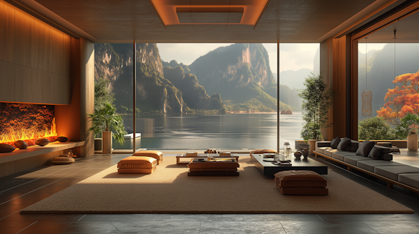 Modern Lakeside Living Room with Mountain View