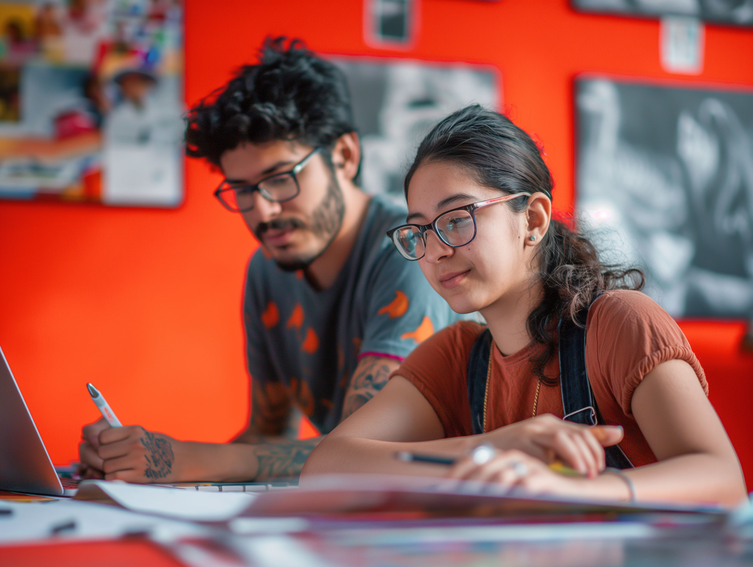 Diseñador gráfico analizando bocetos e investigando referencias visuales en su espacio de trabajo