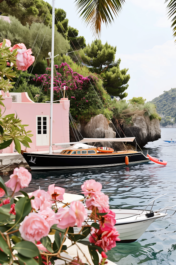 Serene Coastal Scene with Flowers and Boat