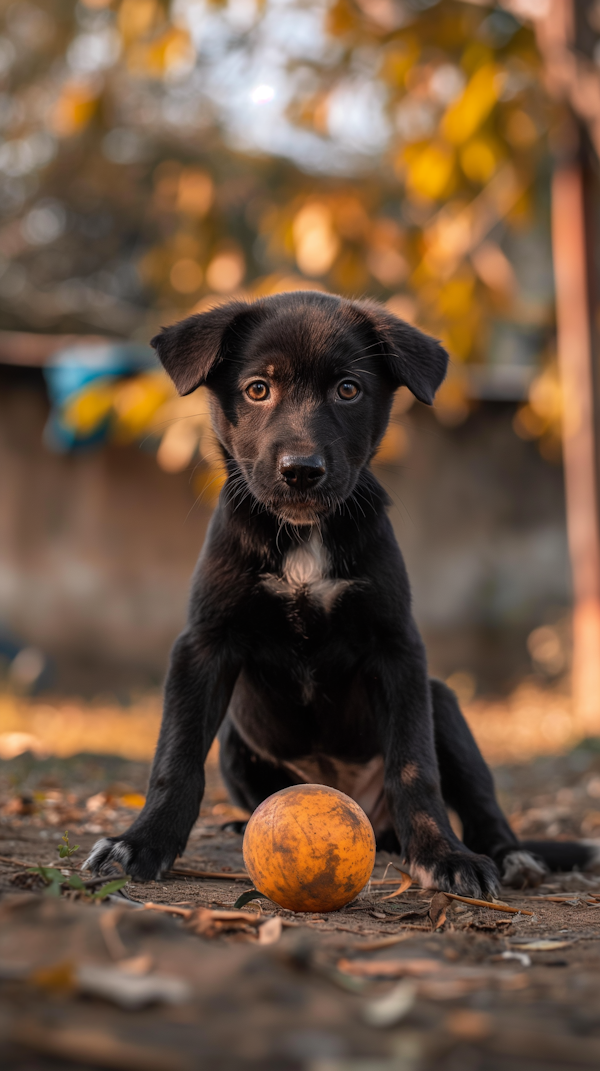 Curious Black Puppy with Ball