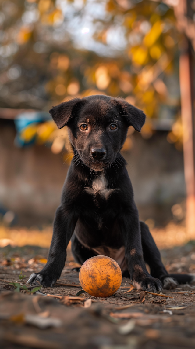 Curious Black Puppy with Ball