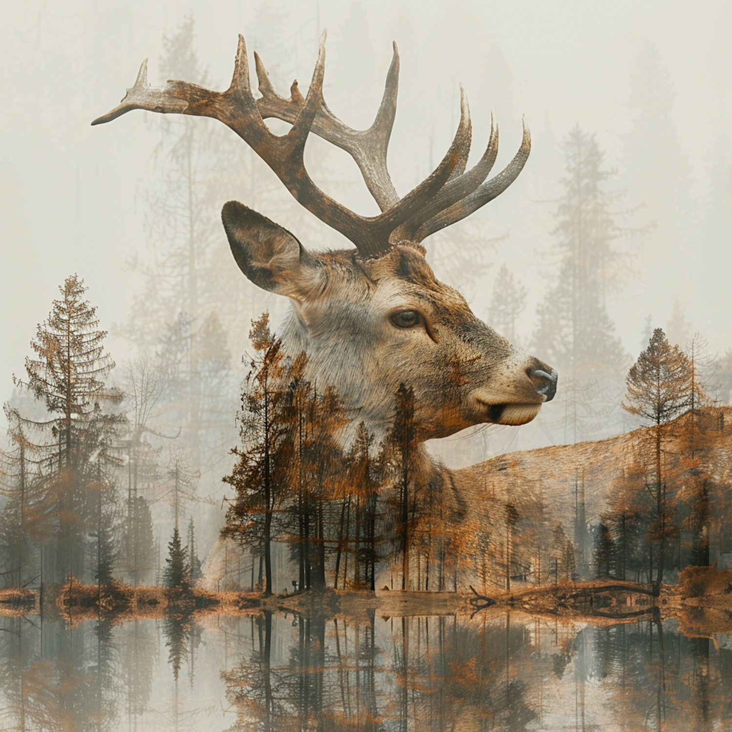 Majestic Stag in Forest Double Exposure