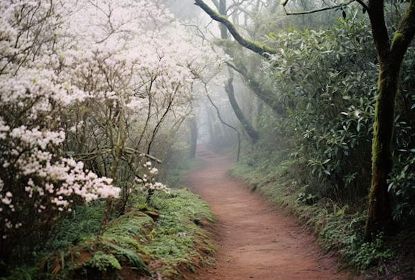 Misty Forest Trail with Blossoming Canopy