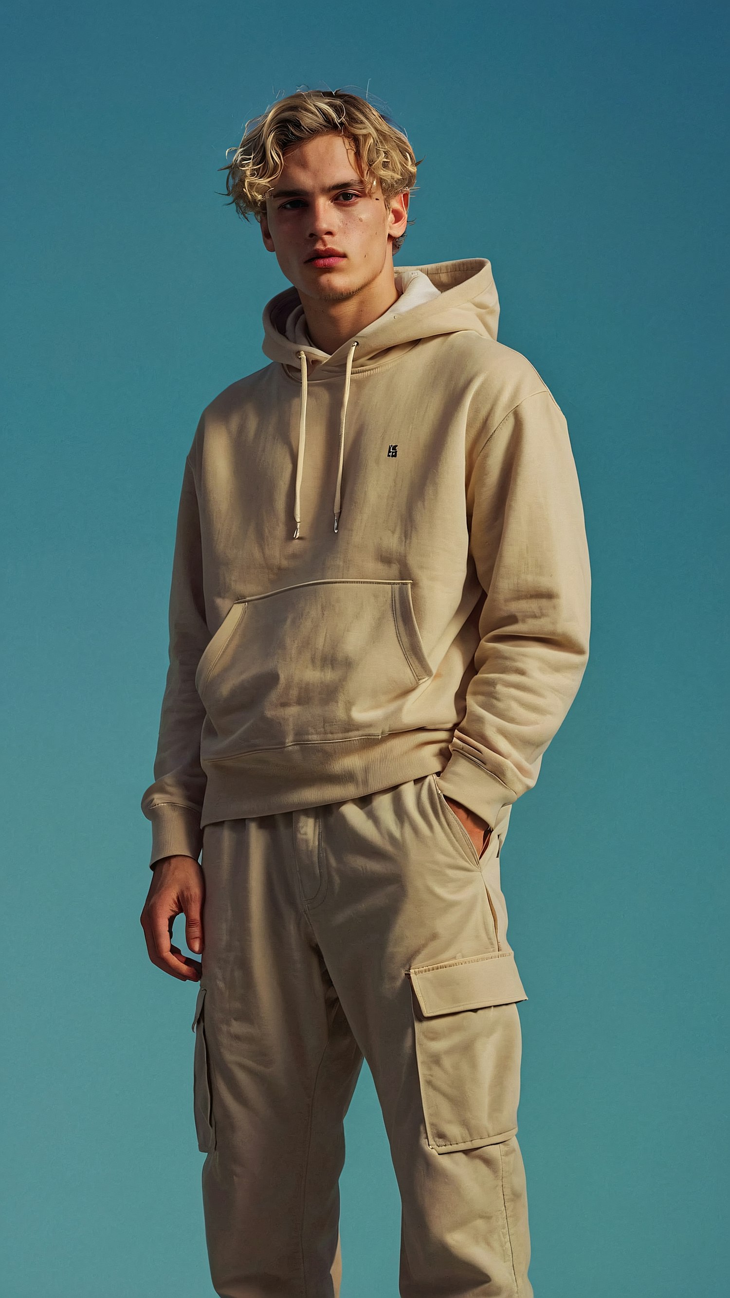 Young Man in Beige Hoodie