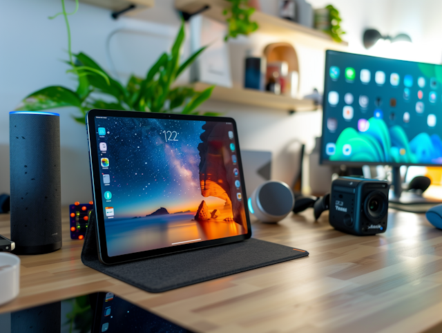 Modern Workspace with Electronic Devices and Plants