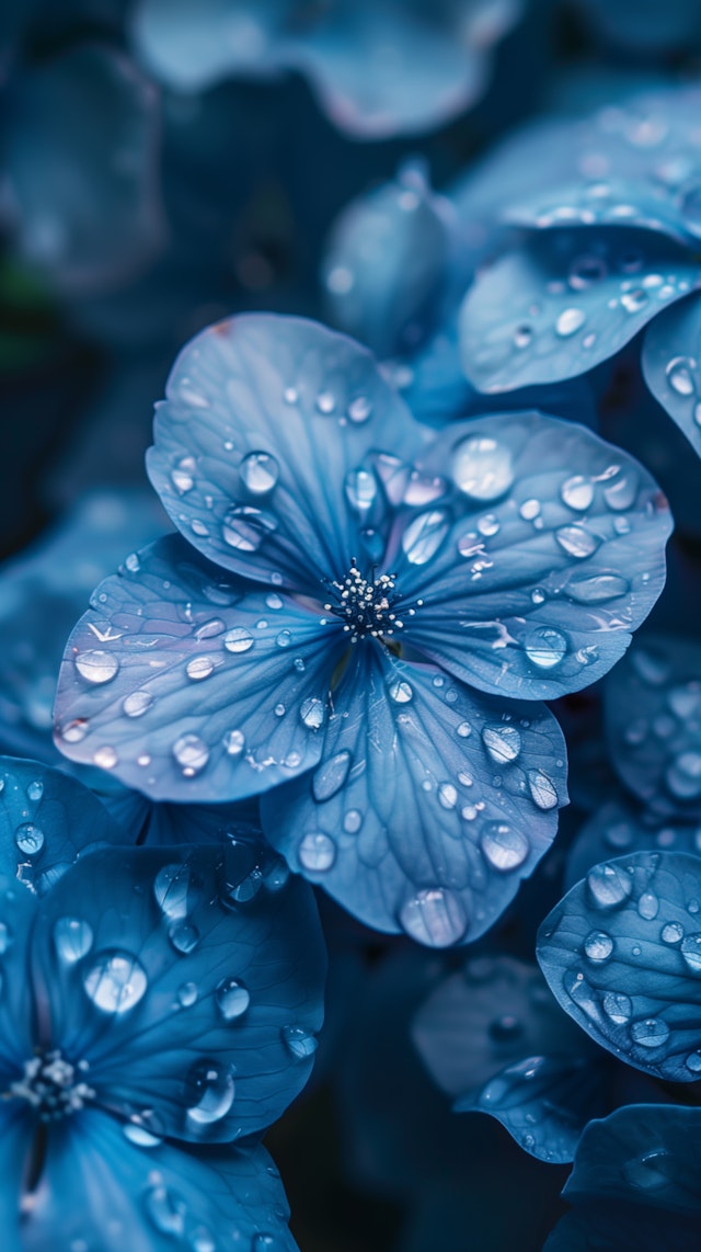 Vibrant Blue Hydrangeas with Water Droplets